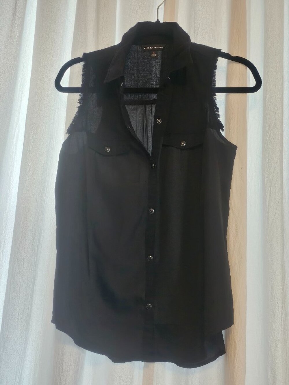 Rock & Republic Black Sheer Frayed Sleeveless Utility Button Down Top S